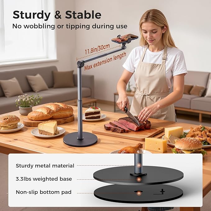 MoKo Overhead Tripod for iPhone, Heavy Duty Aluminum Overhead Phone Mount, Angle & Height Adjustable, Telescopic Arm, Overhead Phone Stand for Recording, Live Streaming, Cooking, Filming (Clip)