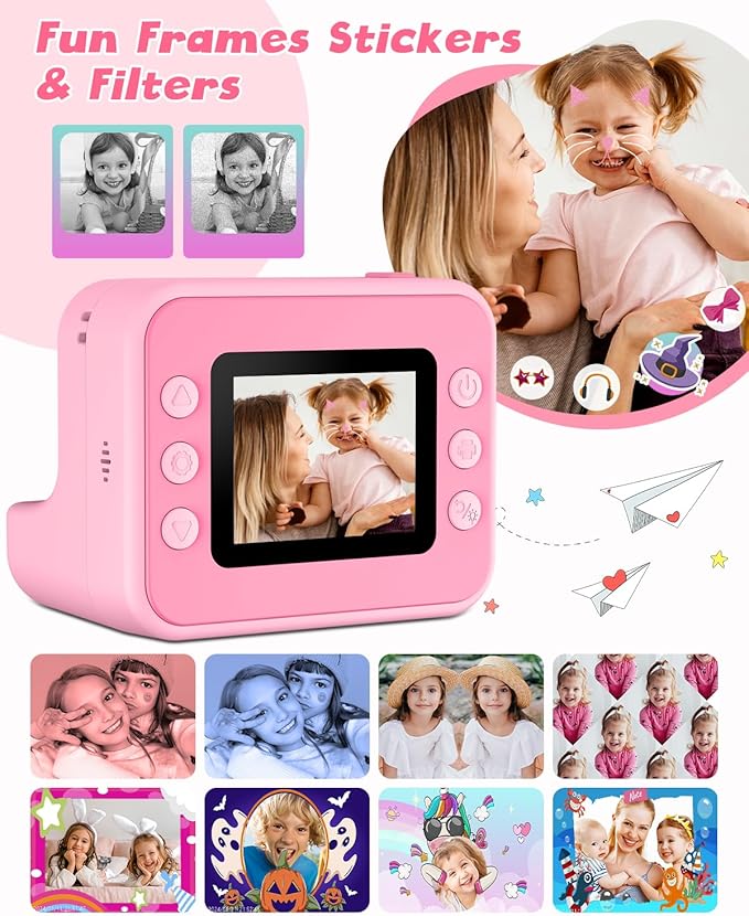 Instant Print Camera for Kids, 1080P Digital Video Cameras, Christmas Birthday Gifts Toys for Age 3-12, Toddler Camera for 4 5 6 7 8 9 10 Year Old Girls - Pink