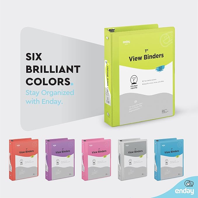 Enday 1 Inch Binder (6 Pack - Assorted Colors) 3 Ring Binder 1 inch with Clear View Cover and 2 Inside Pocket - for Letter Size 8.5 x 11'' Paper, Ideal for School Supplies, Office, and Home