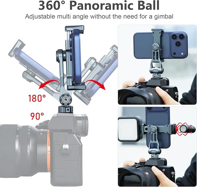 Metal Phone Camera Tripod Holder, 360° Rotatable & 180° Vertical Adjustment, Cold Shoe and 1/4" Thread Port, Compatible with iPhone17Pro Max 16 15 14 and Samsung Phones, Selfie Stick & Camera Cage。