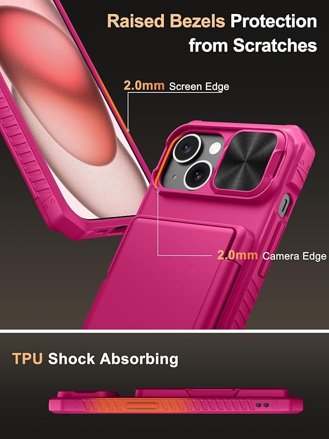 Vihibii for iPhone 15/14/13 Wallet Case with Card Holder (4 Cards), RFID Blocking & Slide Camera Cover & Raised Edges Protect Screen, Heavy Duty Shockproof Phone Case, Hot Pink