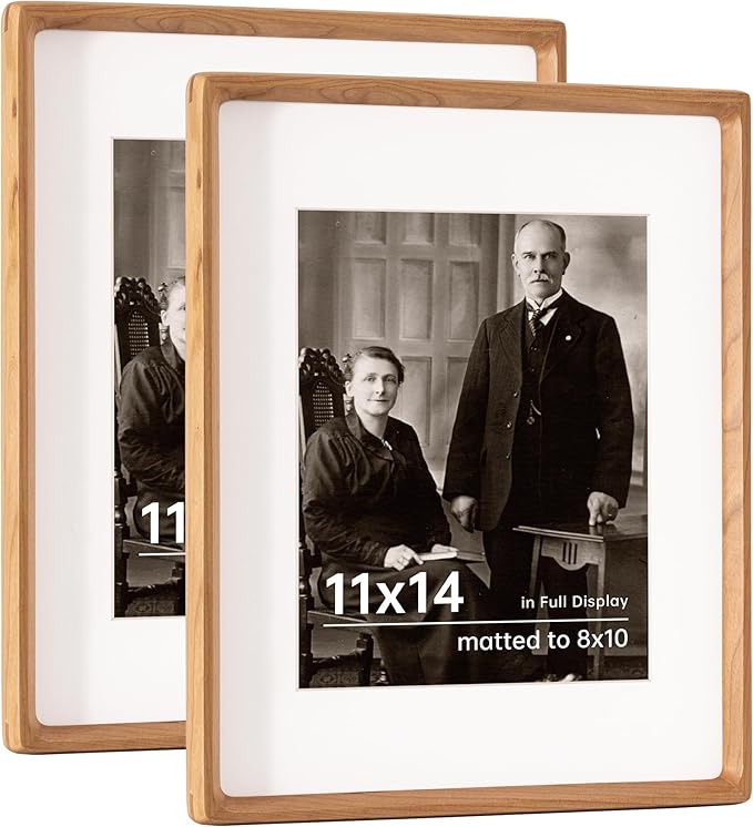 11x14 Wooden Picture Frames USA-Sourced Natural Cherry Solid Wood Photo Frame Handcrafted Rounded Corner with Mat to 8x10 Picture Frame Vintage Display with Real Glass Family Picture， 2 Pack