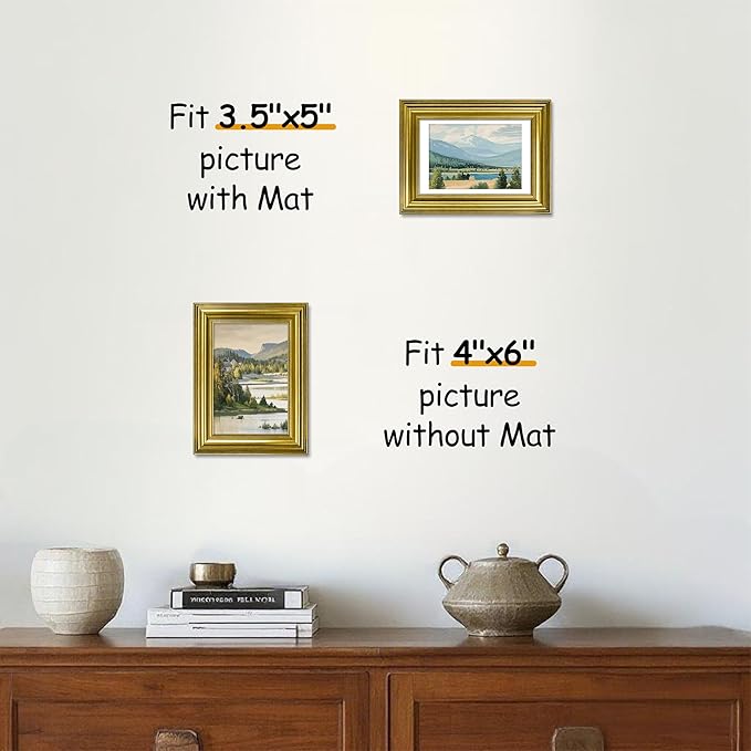VIOLABBEY 4x6 Picture Frame Gold, Photo Frames, Fits Pictures 4 x 6 without Mat or 3.5x5 with Mat, Vintage Display for Tabletop and Wall