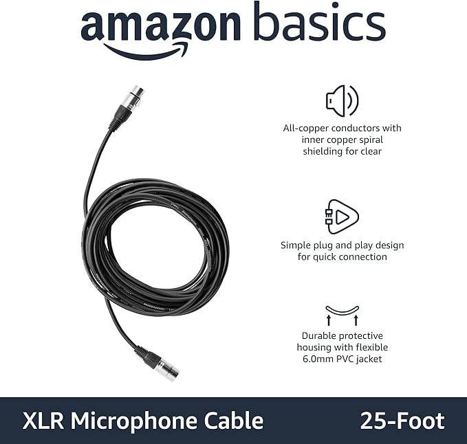 Amazon Basics 2-Pack XLR Microphone Cable for Speaker or PA System, All Copper Conductors, 6MM PVC Jacket, 25 Foot, Black