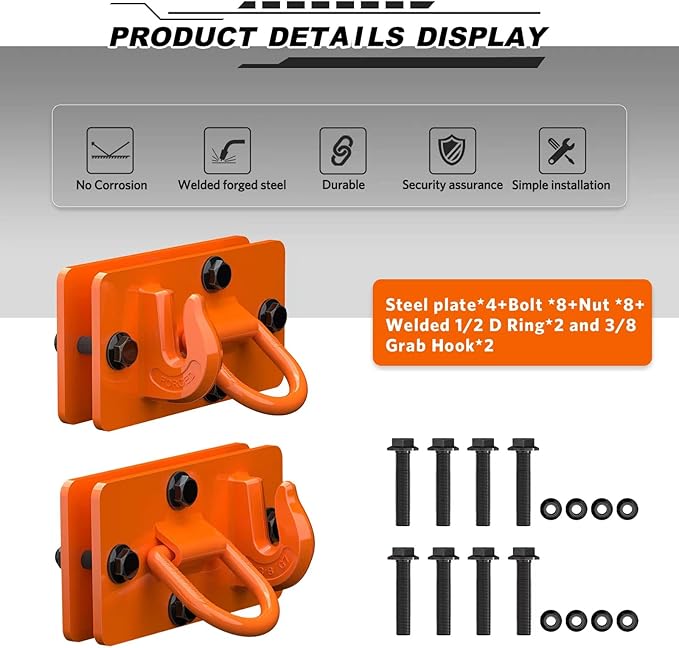 2 Pack Tractor Bucket Hooks with Tie Down Ring, Grade 70 Forged Steel Bolt On Grab Hook Tow Hook Mount with Backer Plate, Work Well for Tractor Bucket, RV, UTV, Truck, Max 15,000 lbs Orange