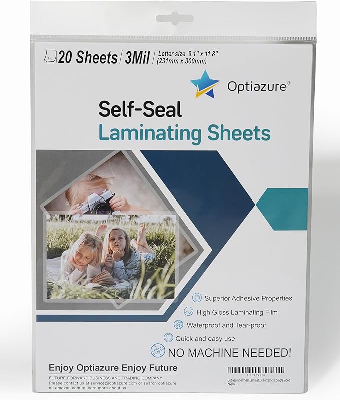 Optiazure Self-Seal Laminating Sheets 9.1"x11.8" Inches, 3mil 20Pack, Letter Size, Single Sided