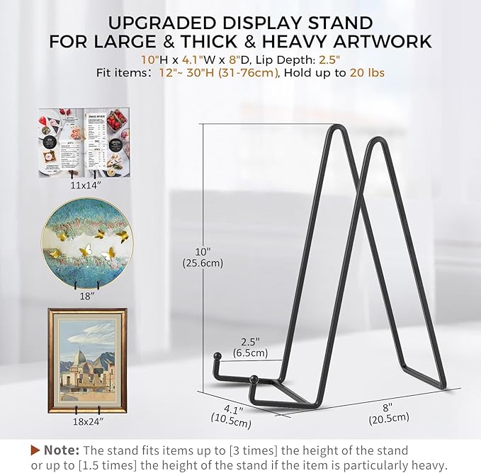 Large Plate Holder Display Stand - 10 inch Tall Plate Stands for Display - Metal Picture Frame Stand - Big Tabletop Easel Stand for Decorative Plates | Platter | Book | Plaque | Tile - 2 Pack - Black