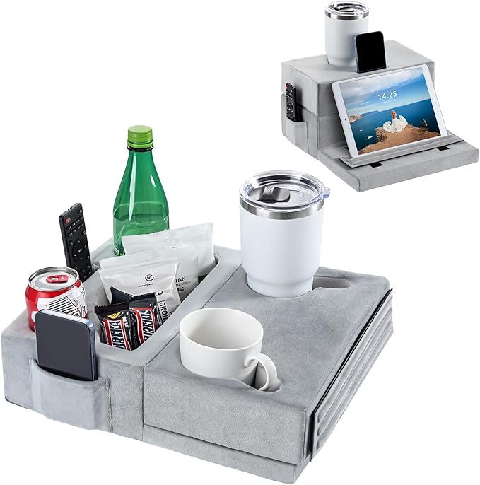 Luxspire Couch Cup Holder, Couch Caddy with 8 Holes and Side Pocket, Couch Cup Holder Tray for iPad/Drinks/Remote Control/Snacks Holder, Gray