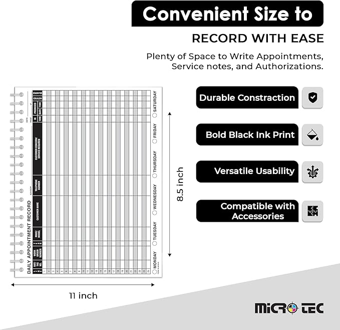 MICRO TEC Daily Appointment Record Log Books – 8.5" × 11" Spiral Bound Planner – Durable 90# Paper Notebook for Auto Repair Shops, Service Advisors & Daily Tracking - 100 Pages/Book (Book of 1)