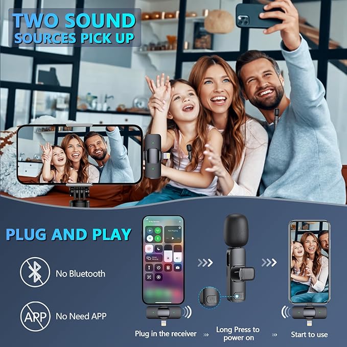 RICCHI Wireless Microphone for iPhone, iPad and Android Phone, 2pcs Professional Mini Microphone Plug-Play Clip on Mics for Vlogging, YouTube, Interview, Live Streaming