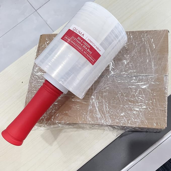 QILIMA Mini Clear Industrial Stretch Wrap Film, 80 Gauge Thick Cling Plastic Wrap for Moving, Pallet Wrap - Self Adhering Packaging Heavy Duty Shrink Film, 5" x 1000ft 4 Pack with Handle