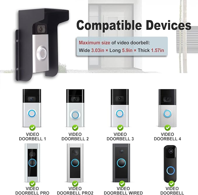 Doorbell Rain Cover Ring Doorbell Anti-Glare, Steel Weather-Blocking Cover Glare Sun Shade Protection for Most Video Doorbells