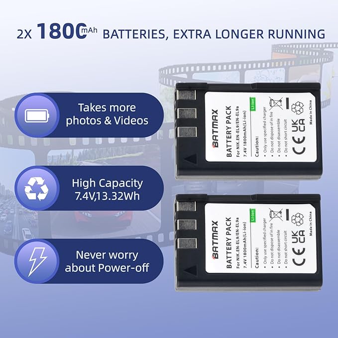 Batmax EN-EL9 Battery(2-Pack) and Compact USB Dual Charger for Nikon EN-EL9, EN-EL9a and Nikon D40 D40x D60 D3000 D5000 Cameras