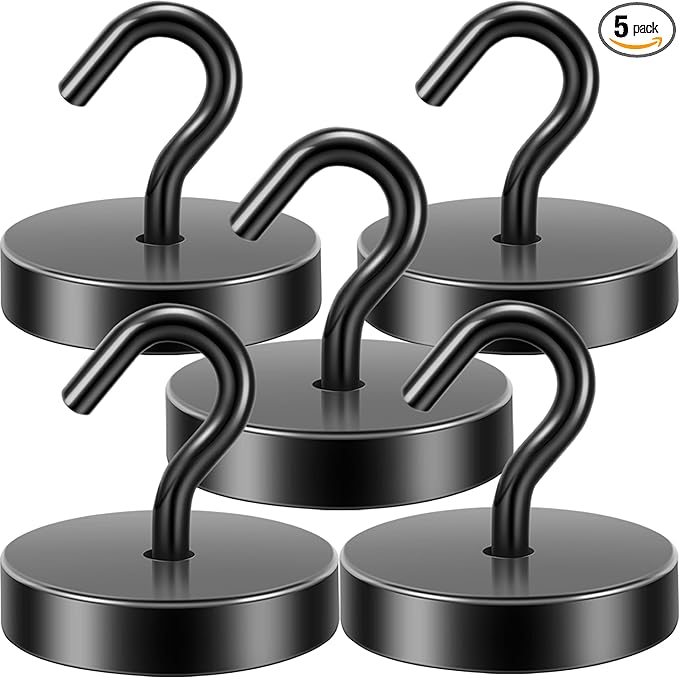 Neosmuk Black Magnetic Hooks Heavy Duty,100lb Super Strong Magnet with Hooks for Cruise Cabins, Large Metal Hooks for Hanging on Fridge,Extra Strong Magnet Hanger for Ship Walls, 5 Pack