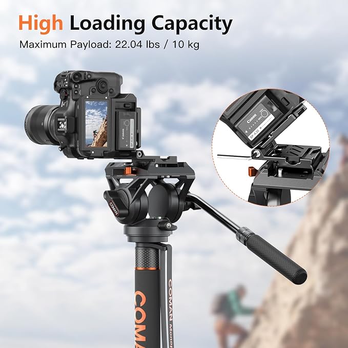 Monopod for Camera, COMAN Camera Monopod with Feet Q6 Fluid Head with Tripod Stand 71.25 inch Max Load 22 Lbs for Photography, Cameras, Canon, Nikon, Sony, DSLR, Video Camcorder