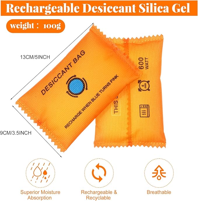 5 Packs 100g Rechargeable Desiccant Moisture Absorbing Bag for Storage Bin Silica Gel Dehumidifier Bag Reusable Indicating Desiccant Packet for Car Home Closet