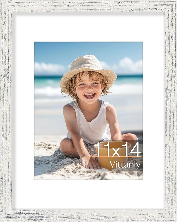 Vittanly 11x14 Picture Frame, Made of Solid Wood and Shatterproof Plexiglass, Display Pictures 8x10 with Mat or 8x10 without Mat, Wooden Photo Frame for Wall or Tabletop, Distressed White, 1 Pack