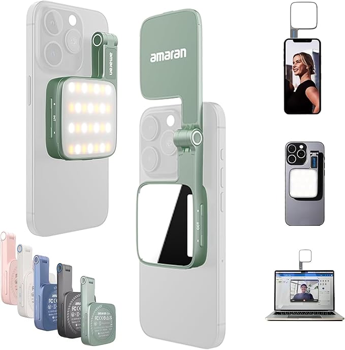 Magnetic Selfie Phone Light,Amaran Go Dual LED Light Source with Adjustable Mirror Light CCT 2700K-6500K,Rechargeable for Selfie,Makeup,Video Conference,TikTok,for iPhone & Android (Green)