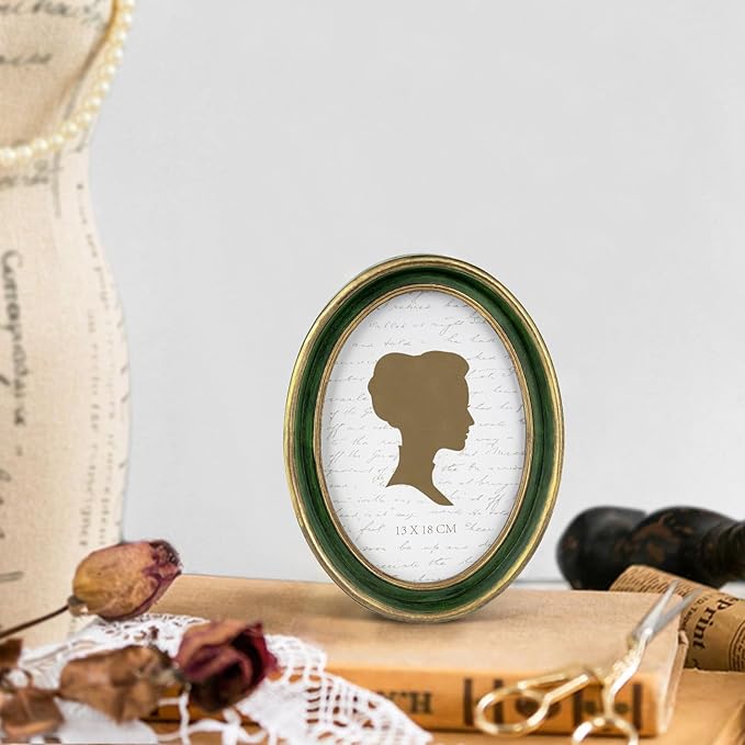 AELS 5x7 Inch Vintage Picture Frame, Elegant Antique Photo Frames with Glass Front, Photo Display, Tabletop Wall Hanging, Gift Ideas, Green Oval with Gold Trim
