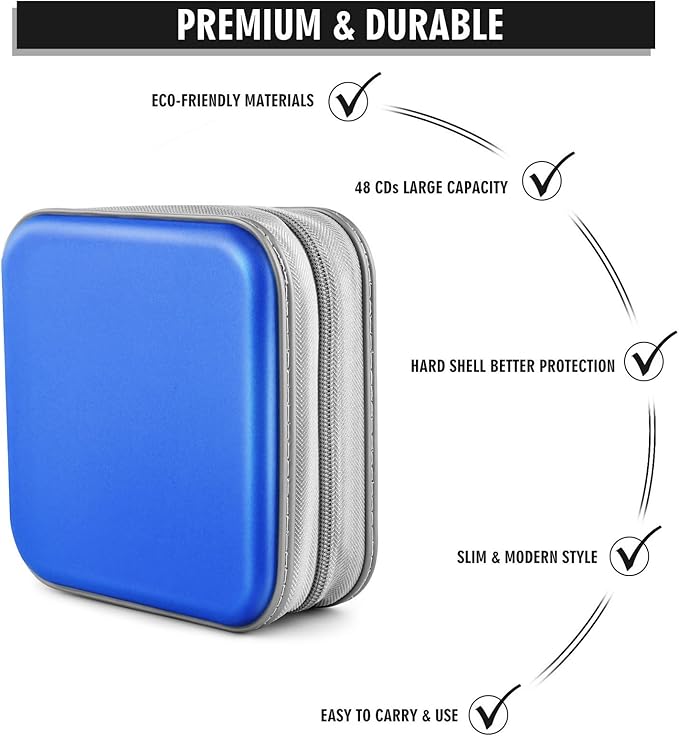 Bivisen CD Case, DVD Case Wallet Holder Binder 48 Capacity CD/DVD Cases Storage Holder Binder Organizer Wallet Book for Car Home Travel (Blue)