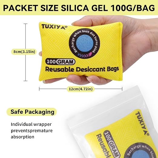 24Pack(100g Each) Rechargeable Silica Gel Desiccant Packets,Color Indicating Desiccant Packs for Storage,Moisture Absorbers for Storage Bins,Suitcase,Safes,3D Filaments,Wet Zones and Cars