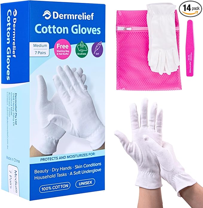Dermrelief Cotton Gloves - for Beauty, Dry Hands, Eczema, Dermatitis and Psoriasis (7 Pairs) with Free Gifts (Professional Nail Buffer & Washing Bag) (Medium)