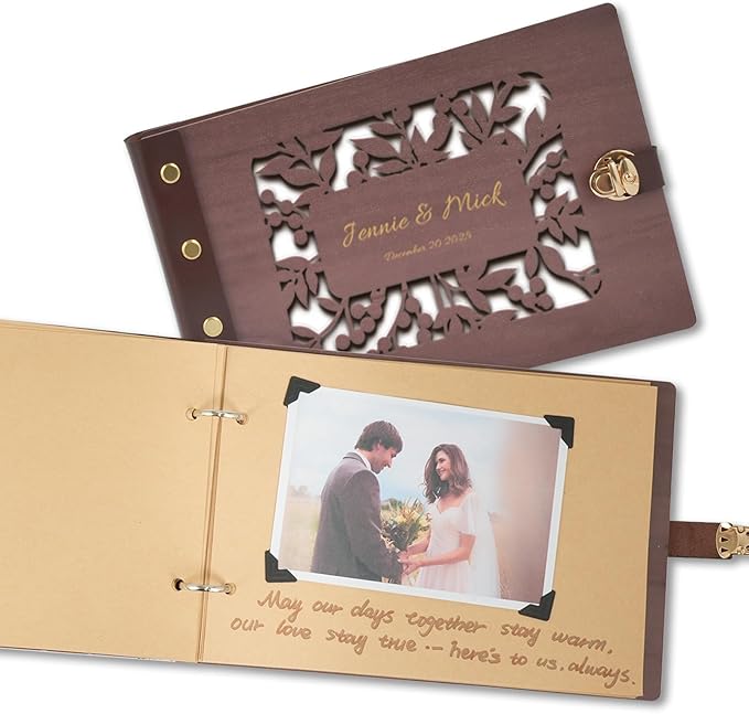Custom Wedding Scrapbook Album, Personalized Wooden Wedding Photo Albums Hollow Carved Flowers and Engraved Names, Couples Scrapbook Anniversary Memory Birthday Engagement Keepsake Gifts