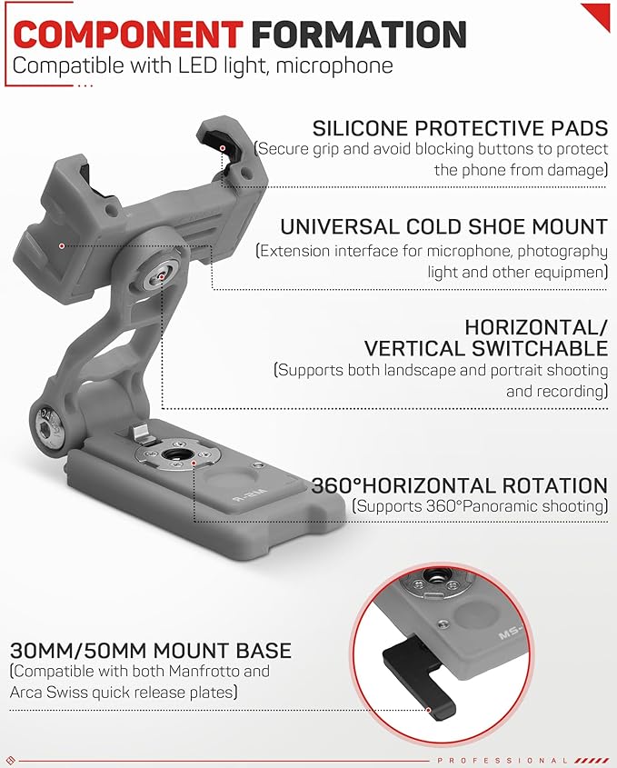IFOOTAGE Universal Phone Tripod Mount Adapter with Cold Shoe, 360° Rotation Cell Phone Holder for Tripod, Selfie Stick, Desk Phone Stand with Adjustable Clamp, Gray