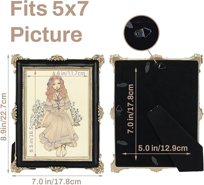 PHAREGE 5x7 Black Picture Frame with Gold Trim, Vintage Decorative Display Photo Frame 5 by 7, Ornate Antique Frame for Tabletop or Wall