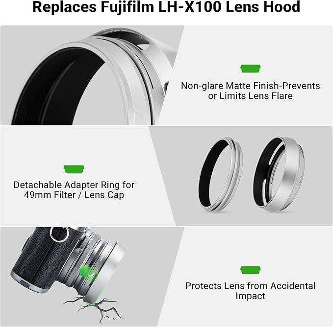 JJC Lens Hood for Fujifilm Fuji X100 X100VI X100V X100F X100S X100T X70 Cameras with 49mm Adapter Ring Replaces Fujifilm LH-X100 Lens Shade and AR-X100 Adapter Ring-Silver