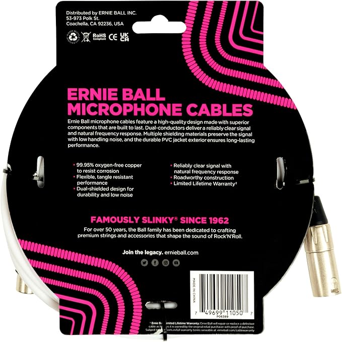 Ernie Ball 20ft XLR Microphone Cable, White (P06389)