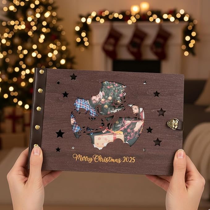 Personalized Wooden Christmas Holiday, Vintage Memory Scrapbook, Memories Photo Album for Family Holiday Memories, Unique Christmas Gift