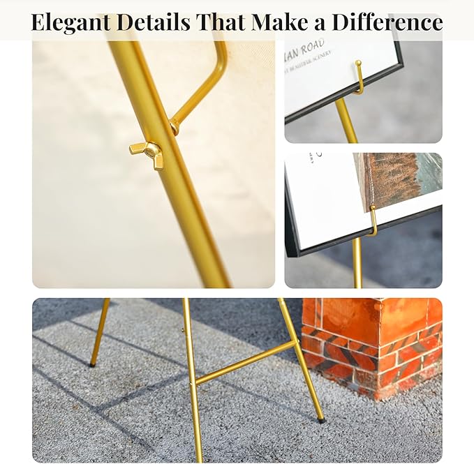 53”H Metal Gold Easel Stand for Sign, Large Adjustable Display Standing with Butterfly Bow Top for Wedding Displaying Pictures Poster Holder Showcasing