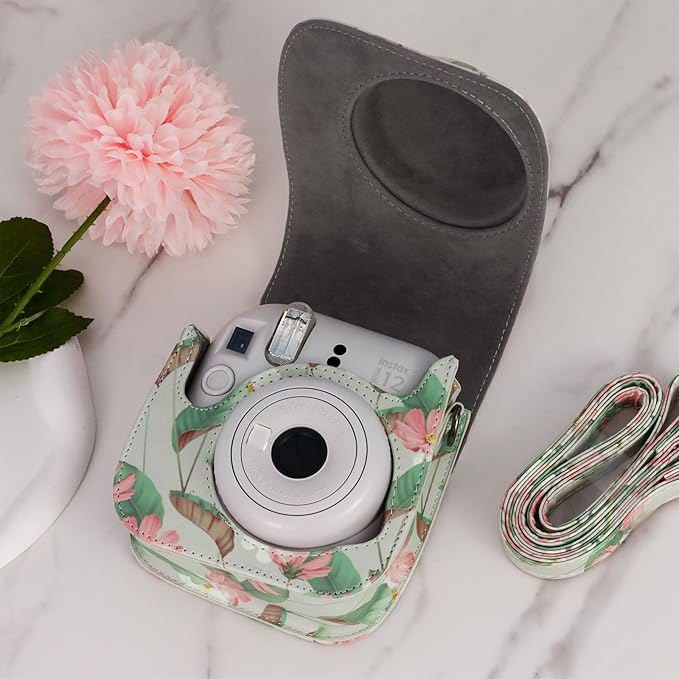 Frankmate Protective Case Fit for Fujifilm Instax Mini 12 11 9 8 Camera, PU Leather Camera Bag with Pocket and Adjustable Shoulder Strap (Retro Daisy)