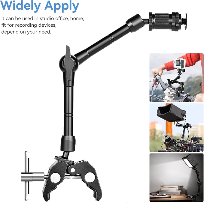 UTEBIT 11" Adjustable Magic Arm with Super Clamp, 360° Ball Heads with ARRI 1/4" & 3/8" Thread Screw for Flash/LED Light/Microphone/Monitor, Compatible with SmallRig Camera Cage, Max Load: 4.4lb/2kg