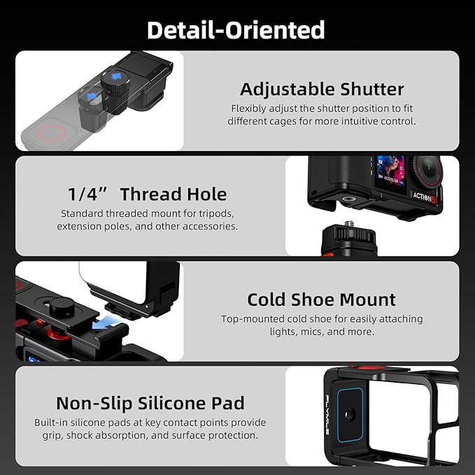 Grip Kit for DJI Action 5 Pro 4 3 (with Cage), Handle Holder Bundle Expansion Mount with Shutter Button, Quick Release Adapter, Cold Shoe for DJI Osmo Action 5 Pro 4 3 Accessories