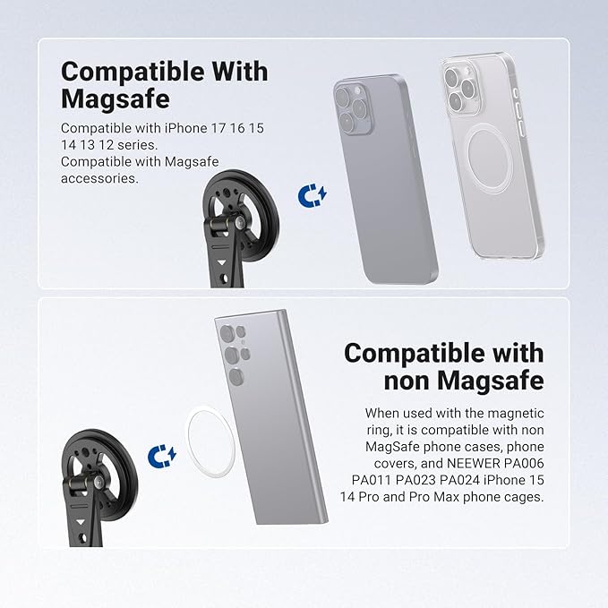 NEEWER Magnetic Phone Tripod Mount Compatible with MagSafe iPhone Samsung, Metal Adjustable Rotatable Cellphone Holder Adapter w/Cold Shoe for Tripod Mounting Camera Monitoring Video Recording, DS031