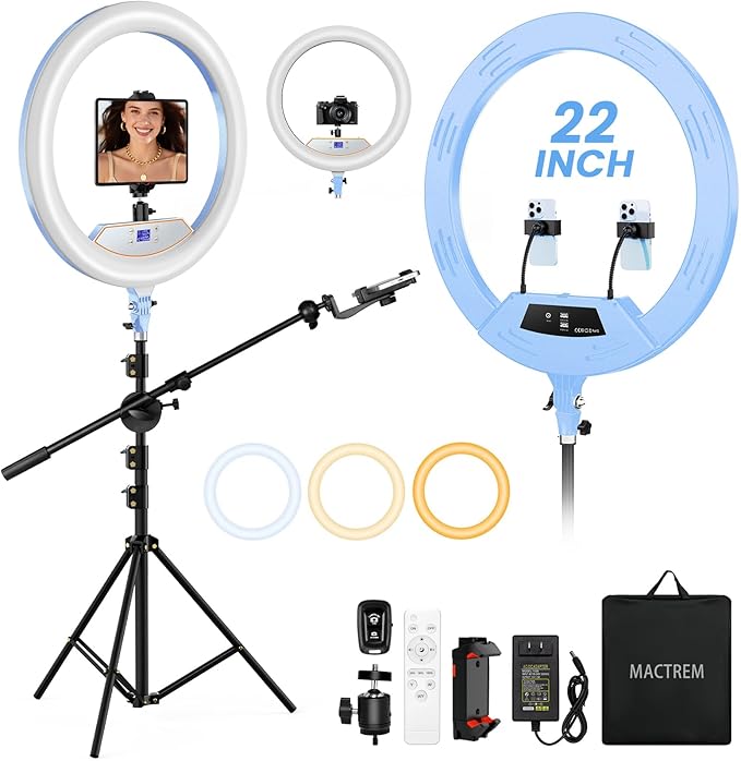 Ring Light 22inch Kit: Ring Light Tripod for iPhone ipad, with 75" Tripod/LCD Display/2 USB Ports Overhead Phone Mount for Video Recording, Zoom Meeting,YouTube,TikTok (Blue)