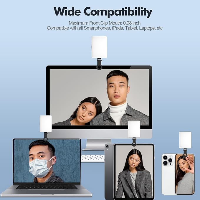Selfie Light Portable 60 LED Rechargeable Video Conference Fill with Front & Back Clip and Adjusted 3 Modes for Phone, iPhone, IPad, Camera, Laptop, TikTok, Makeup, Live Stream, Vlog