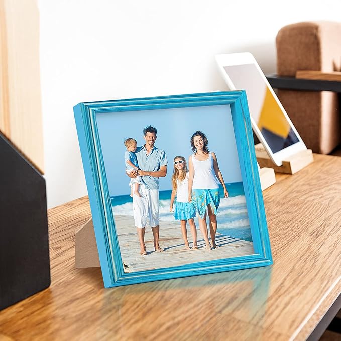 Rustic Wood 8 x 8 Picture Frame Wooden Square Blue Photo Frame with HD Glass Horizontal & Vertical Formats for Wall Mounting or Tabletop Display Gift Family Farmhouse Office Beach Gallery Home Decor