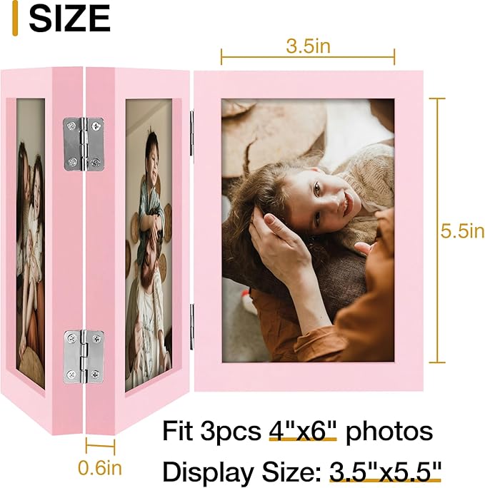 decorUhome Triple 4x6 Picture Frame Vertical, Engineered Wood Trifold Photo Frame with Plexiglass for Tabletop Display, 4x6, Pink
