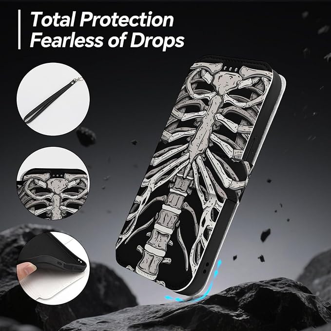 Skeleton Ribcage Bone Flip Leather Phone Case Compatible with iPhone 15/15 Plus/15 Pro/15 Pro Max