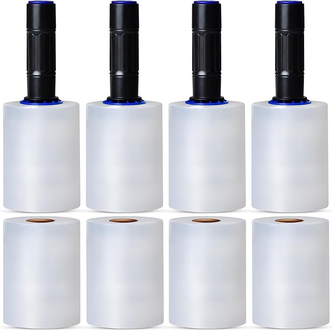 International Plastics Co. 5" Plastic Stretch Film Wrap with Extended Handles 1000ft Each 500% Stretch Clear Cling Durable Adhering Packing Moving Packaging Heavy Duty Shrink (5", 8 Pack)