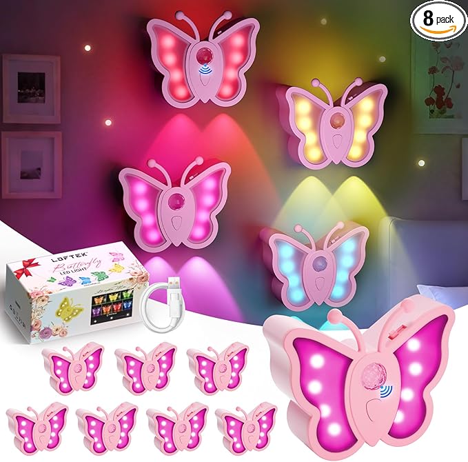 LOFTEK Night Light, Rechargeable Motion Sensor Light, RGB Color Change & Wireless Butterfly Light for Kids, Toddler, Nursery, Stick on Wall, Bedroom, Bathroom, Hallway, Stairs, Cabinet Pink, 8 Pack