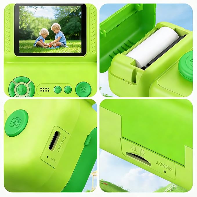 Kids Camera Instant Print, Instant Camera with 4 Roller Photo Paper & 32GB Card, 1080P Dual-Lens Digital Camera for Kids, Boys and Girls Toys Gifts for Teenage Girls Kids Toys for Ages 8-13 (Green)