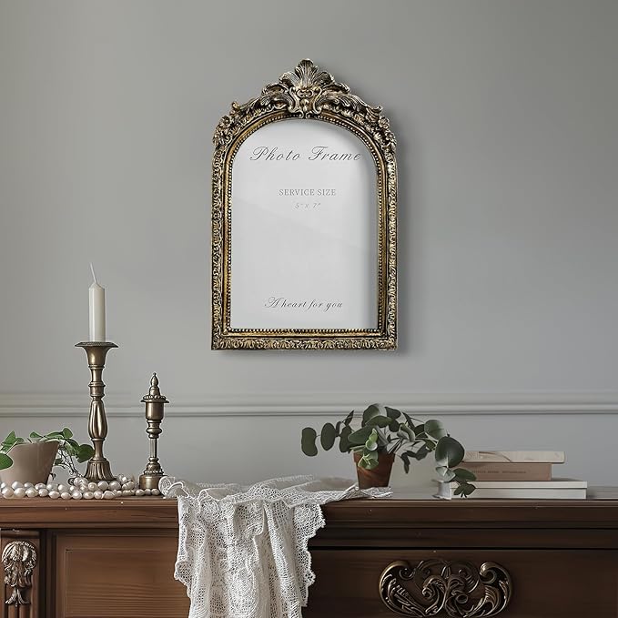 Cuspin 5x7 Picture Frame Vintage Gold Frames, Bronze 5 by 7 Arched Frame Hand-Crafted Resin with Glass Front, Ornate Retro Antique Photo Frames for Wall Hanging and Tabletop Display Home Decor