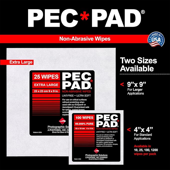 PEC-PAD Lint Free Wipes 4”x4” Non-Abrasive Ultra Soft Cloth for Cleaning Sensitive Surfaces like Camera, Lens, Filters, Film, Scanners, Telescopes, Microscopes, Binoculars. (100 Sheets Per/Pkg) 4-Pack
