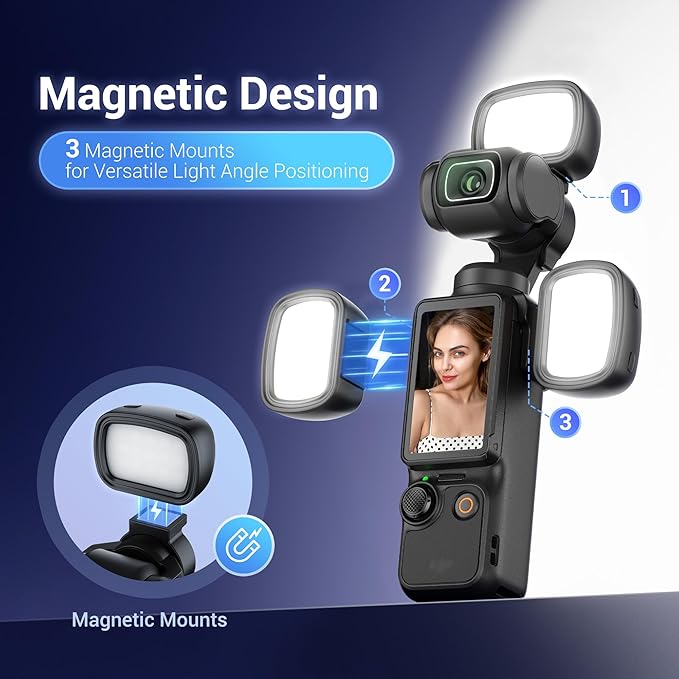 JJC 3Pcs Magnetic Auxiliary Light for DJI Osmo Pocket 3 & Xtra Muse Accessories, Rechargeable Mini LED Fill Light w. Mount & Storage Bag, 3 Color Mode/Brightness Adjustable for Selfie Vlog Recording