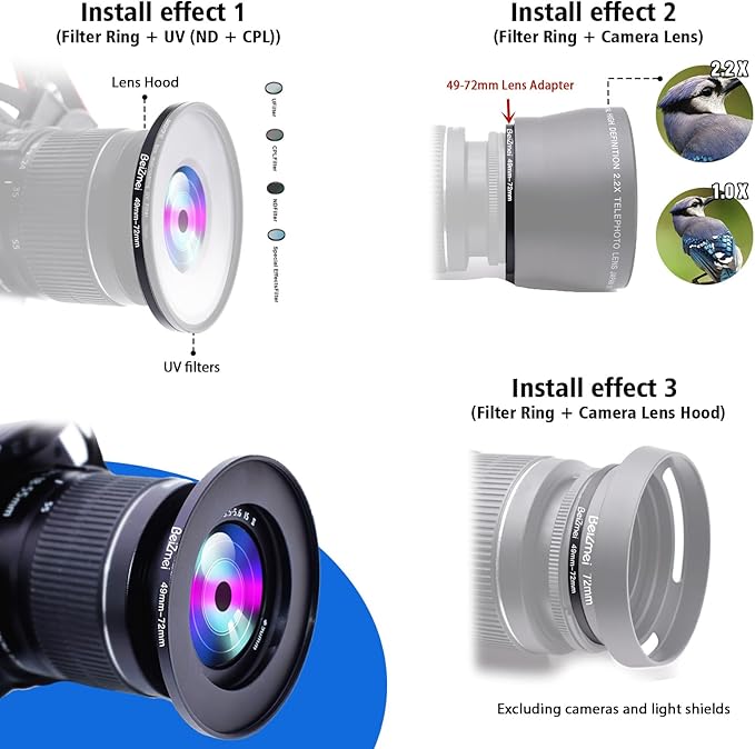 49mm-72mm Camera Filters Ring,Filters Ring Compatiable All Brands Ø49mm Lens to Ø72mm UV ND CPL Camera Filter accessory.Made of CNC.
