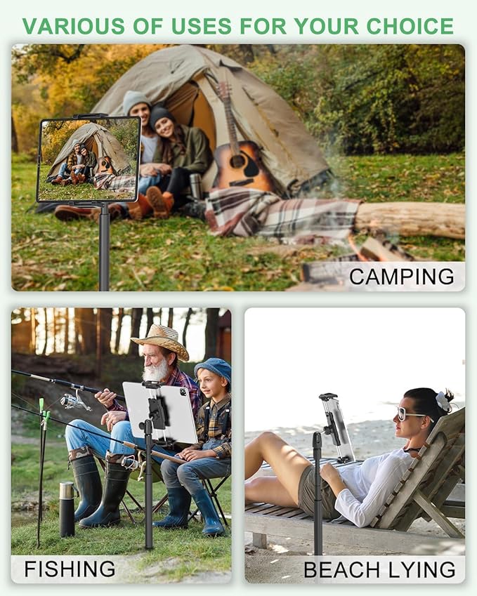 FreeSave Golf Monopod Tablet Stand with Ground Spike Stakes, Quick-Set 360° Metal Foldable Tablet Mount for Outdoor Use, Fits iPad Pro/Air/Mini, Galaxy, 6.1-15.6" Devices and Thick Cases [Up to 1.18"]